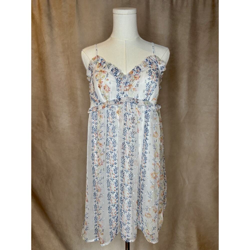 Lulus Floral Babydoll Dress Metallic Chiffon Ruffle Strappy M